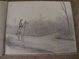 a drawing of a man riding a horse in the woods