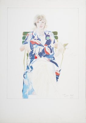 tableau représentant une femme assise sur une chaise, une fleur à la main