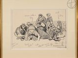 drawing of a group of people sitting on top of a pile of luggage