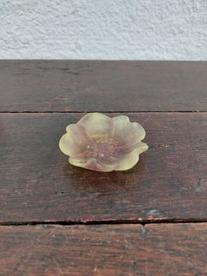 a yellow flower on a wooden table with a white wall in the background