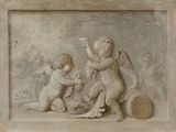 a picture of a painting of two cherenshes playing with a basket