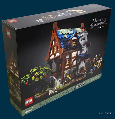 une boîte contenant un bâtiment construit en Lego
