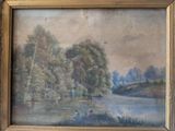 painting of a man fishing in a river with trees in the background