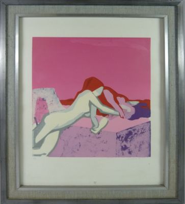 tableau représentant une femme nue allongée sur un lit, avec un ciel rose en arrière-plan