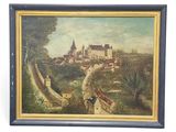 an oil painting of a castle on a hill with a river in the foreground