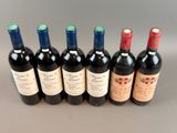 six bottles of wine lined up in a row on a table