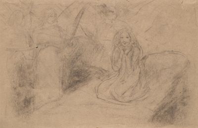 an old drawing of a woman sitting on a bed next to a horse