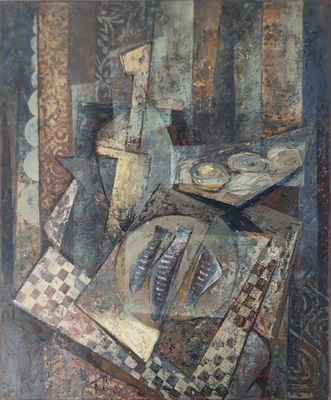 une peinture représentant une nature morte avec une assiette et un couteau posés sur une table