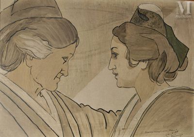 painting of two women facing each other in front of a wall