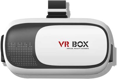 a white vr box with a black and red logo on it
