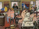 peinture d'un groupe de personnes assises autour d'une table dans une pièce