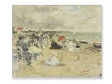 an image of a painting of people on the beach with umbrellas