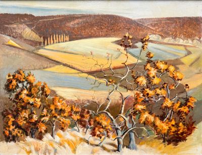 un tableau représentant un paysage avec des arbres au premier plan