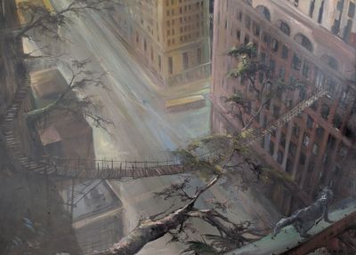 une peinture représentant une vue de la ville depuis le sommet d'un immeuble