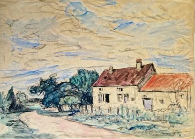 dessin d'une maison au toit rouge avec une route devant