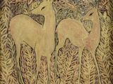 painting of two deers in a field of grass with leaves