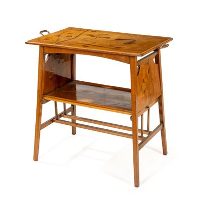a small wooden table with a book shelf on top of it