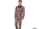 men ' s multicolored floral suit with black shirt and tie