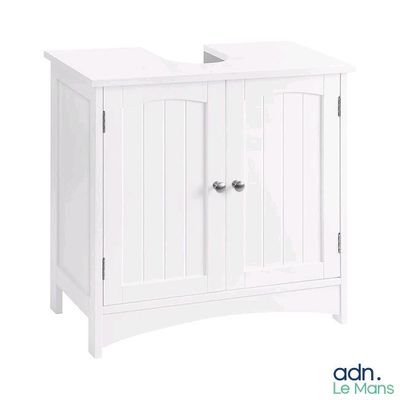 the small white cabinet has two doors and a drawer underneath it