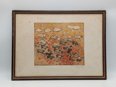 an image of a picture of sheep in a field of flowers