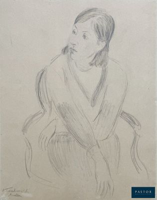 a drawing of a woman sitting in a chair with her hand on her chin