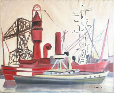 a painting of a red and white boat in the water