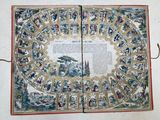 an open book with a picture of people and animals on it
