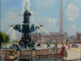 un tableau représentant une fontaine autour de laquelle se promènent des gens