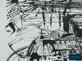 an image of a black and white drawing of a boat on a body of water