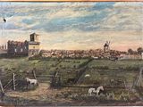 tableau représentant une vue de ville avec un moulin à vent et des vaches au premier plan