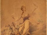 an old picture of a woman holding a bouquet of flowers
