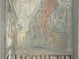 a painting of a city street with buildings in the background