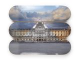 a skateboard that has a picture of a building on it