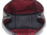 the inside of a black and red purse with a handle