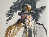 painting of a man in a hat and a top hat holding an umbrella