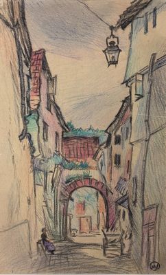drawing of a street scene with a person sitting on a bench in the middle of the street