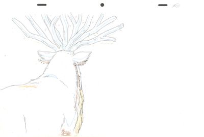 un dessin représentant un cerf avec un oiseau posé sur sa tête