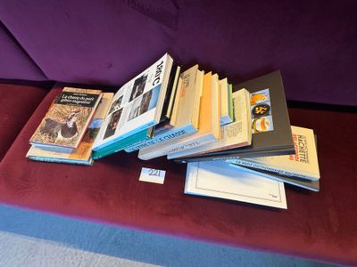 Des livres sont empilés sur un banc violet devant un canapé violet.