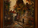 une peinture à l'huile représentant un moulin à vent dans une rue d'une ville