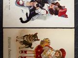 two postcards with pictures of people and animals on them