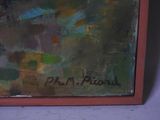 a picture of a painting on a table with a red frame