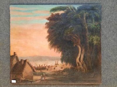 une peinture à l'huile représentant une scène de village avec un arbre au premier plan