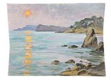 a painting of a painting of a sunset over a body of water