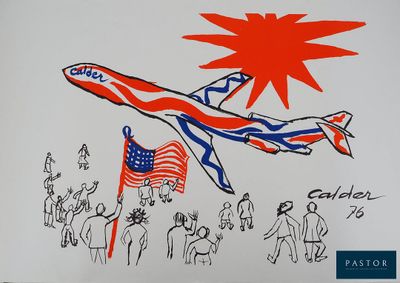 drawing of a plane flying over a crowd of people holding american flags