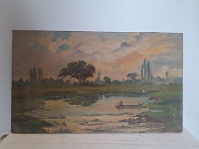 un tableau représentant une scène fluviale avec un château en arrière-plan