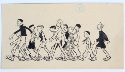 une image représentant un dessin d'un groupe de personnes marchant dans une rue