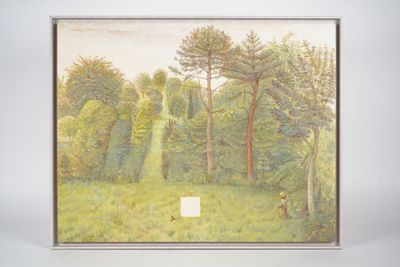 framed picture of a painting of a wooded area with trees and grass