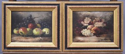two paintings of fruit on a table with a chair in the background