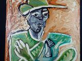 un tableau représentant un homme coiffé d'un chapeau et tenant un téléphone portable