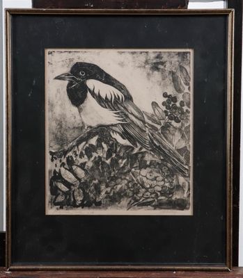 an image of a black and white drawing of a bird on a branch